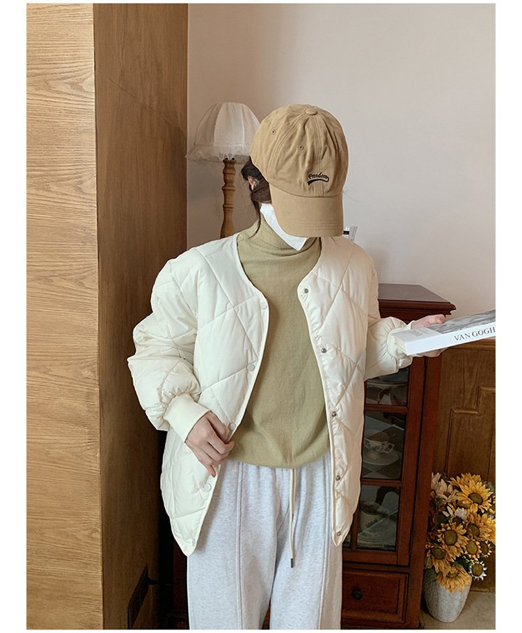 レディース ジャケット 長袖 チェック柄 無地 ゆったり コットン 綿 春 秋冬 カジュアル きれいめ ショート ラウンドネック 秋 シンプル 冬 ダウン 上品 ノーカラー ポリエステル ダウンジャケット