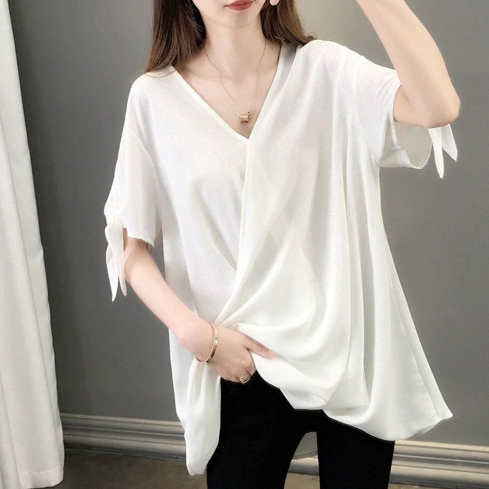 トップス シャツ シフォンシャツ 5分袖 Vネック プルオーバー 袖リボン 肌見せ かわいい 可愛い 大人可愛い きれいめ シンプル レトロ おしゃれ かっこいい カジュアル こなれ感 個性的 魅力的 主役級 存在感 抜け感 春 夏 ベーシック ナチュラル エレガント キュート ガーリー 無地 女性用 レディース ママ マタニティ OL 通勤 オフィス 学生 通学 デート お出かけ ランチ 旅行 休日 カフェ ショッピング 普段使い 着回し 重ね着 L XL 2XL 3XL 4XL 5XL 6XL