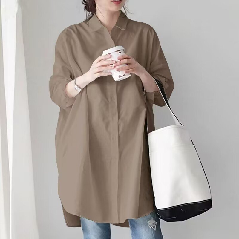 レディース シャツ 長袖 無地 ゆったり 春 きれいめ 通勤 体型カバー 春夏 前開き シンプル 上品 ロング 襟付き