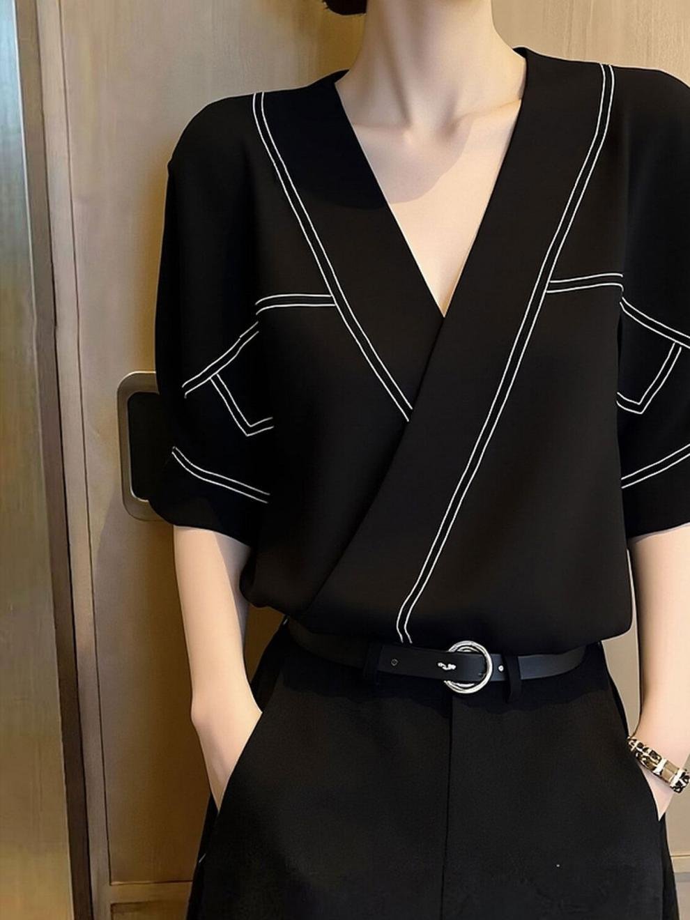 レディース シャツ トップス 半袖 ゆったり スリム 春夏 きれいめ 通勤 前開き Vネック 春 夏 膝丈 黒 上品 ステッチ 都会的 ボタン ポリエステル