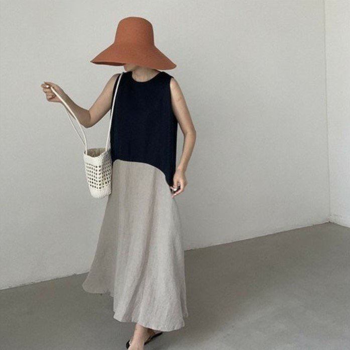 ドレス ノースリーブ 無地 春夏 袖なし 春 夏 膝上 ラウンドネック シンプル ロング シック