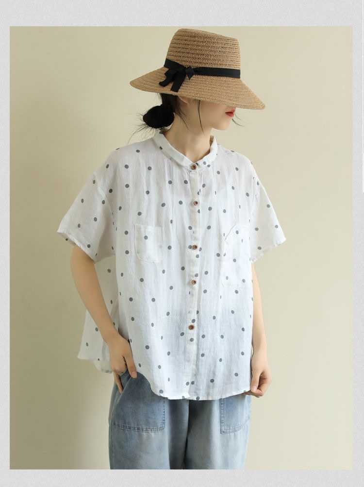 レディース シャツ トップス 半袖 ドット柄 ゆったり コットン 綿 リネン 春夏 体型カバー 大きいサイズ 前開き 春 夏 ボタン ポリエステル ドット