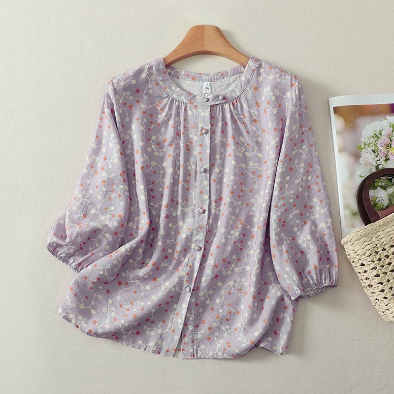 レディース シャツ トップス Tシャツ ドット柄 プリント コットン 綿 麻 春夏 カジュアル きれいめ 通勤 前開き デニム 春 夏 エレガント 立ち襟 ドット