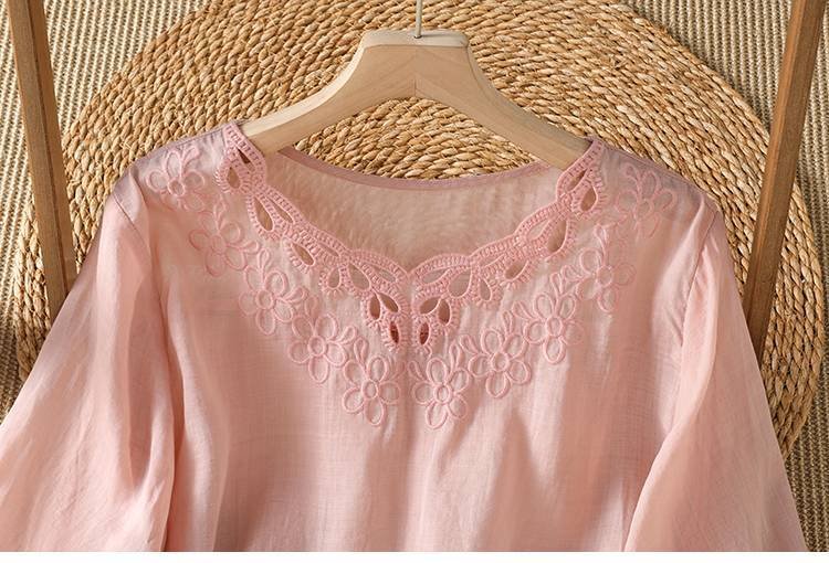 レディース シャツ Tシャツ 半袖 コットン 綿 デニム 春夏 カジュアル きれいめ 通勤 前開き 春 夏 刺繍 薄手 プルオーバー 透けない