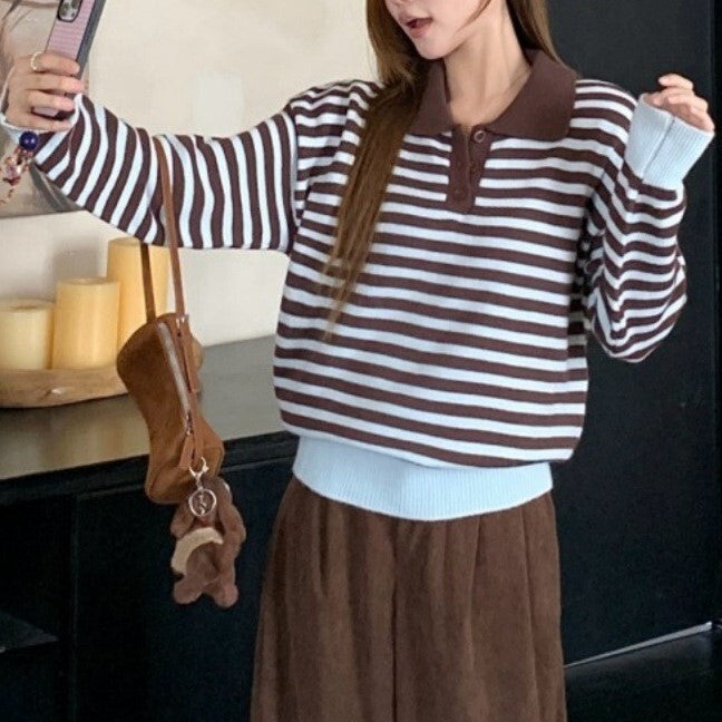 レディース トップス ニット セーター プルオーバー ミディアム 長袖 ポロカラー ボタン 大人可愛い シンプル カジュアル おしゃれ レトロ こなれ感 存在感 カレッジ風 学生風 ベーシック アクティブ ナチュラル ボーダー 秋 冬 通勤 学生 学校 通学 部活 デート お出かけ アウトドア キャンプ イベント 旅行 公園 女子会 休日 ショッピング ライブ お花見 楽ちん 普段使い トレンド 定番 フリーサイズ 茶色 秋カラー ブラウン ライトブルー