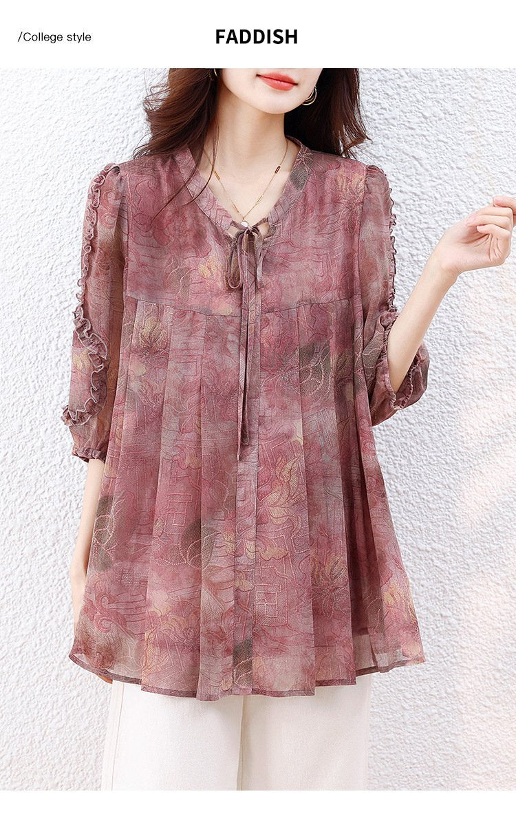 トップス 長袖 ゆったり 春夏 カジュアル きれいめ レトロ 体型カバー Vネック プリーツ 春 夏 ミモレ 上品 切り替えデザイン ポリエステル 着痩せ