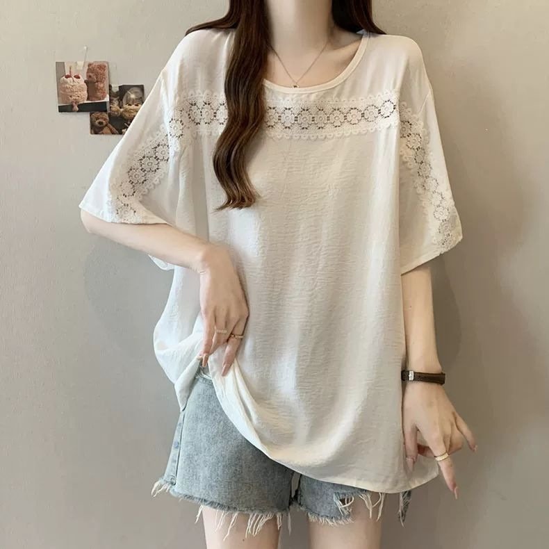 レディース シャツ トップス Tシャツ 半袖 無地 ゆったり 春夏 きれいめ 通勤 大きいサイズ おしゃれ 体型カバー 前開き 春 夏 ラウンドネック タイト レース シンプル 細身 シフォン タイ 都会的 レギュラー 着痩せ