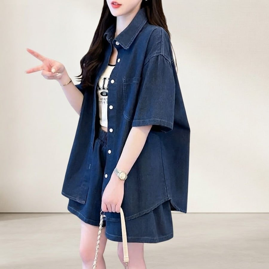 シャツ パンツ ゆったり デニム 春夏 カジュアル 大きいサイズ 前開き 春 夏 ハーフ セットアップ ポリエステル