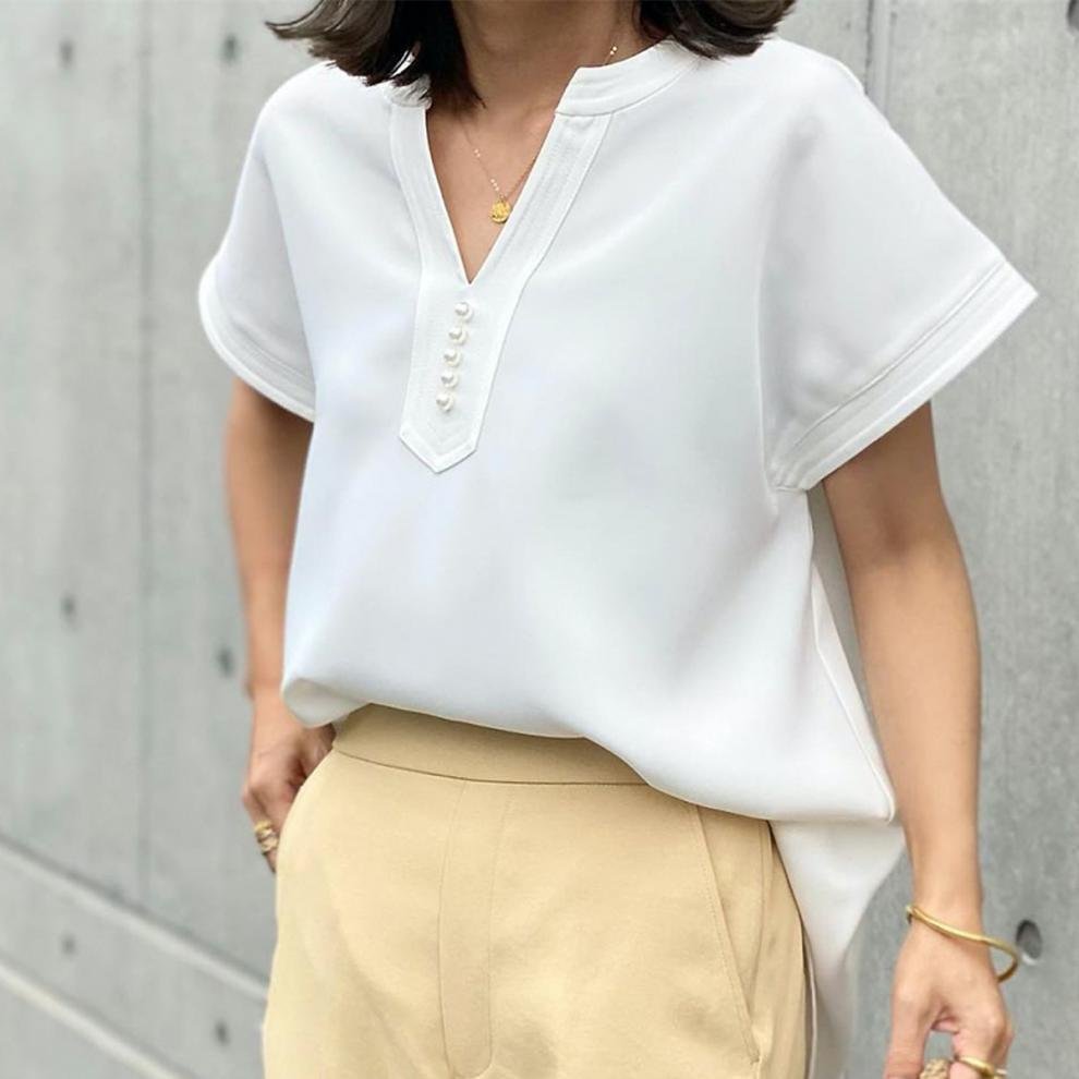 レディース シャツ Tシャツ 半袖 無地 ゆったり 夏 きれいめ 通勤 体型カバー 春夏 前開き Vネック シンプル 上品 サテン