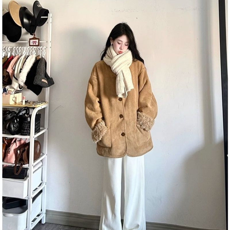 レディース コート ジャケット 長袖 ゆったり 秋冬 秋 きれいめ 体型カバー 膝丈 冬 上品 ファー 切り替えデザイン 厚手 襟付き アウター ボタン ポリエステル ムートンコート ライダースジャケット