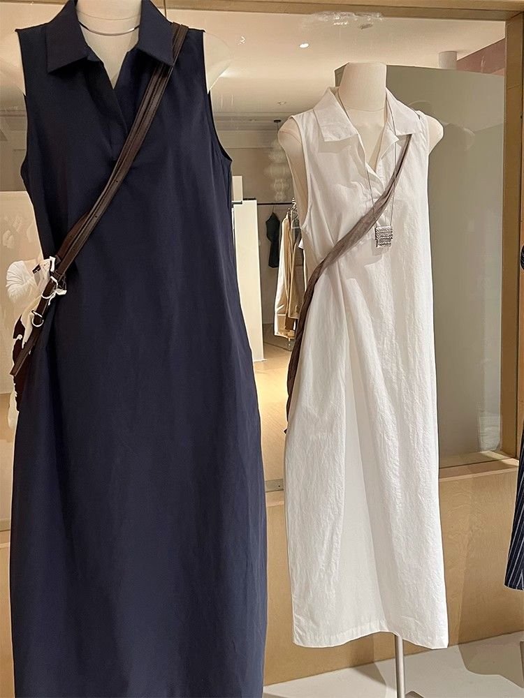 ワンピース ドレス ノースリーブ 無地 春夏 きれいめ 通勤 袖なし 春 白 夏 シンプル ロング 上品 襟付き ホワイト Aライン