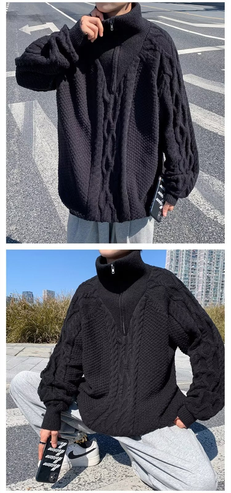 ニット ジャケット 長袖 ゆったり コットン 綿 麻 冬 体型カバー タートルネック セーター ハーフ ヴィンテージ