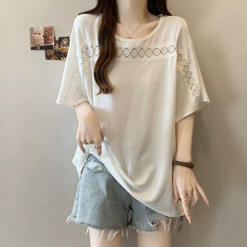レディース シャツ トップス Tシャツ 半袖 無地 ゆったり 春夏 きれいめ 通勤 大きいサイズ おしゃれ 体型カバー 前開き 春 夏 ラウンドネック タイト レース シンプル 細身 シフォン タイ 都会的 レギュラー 着痩せ