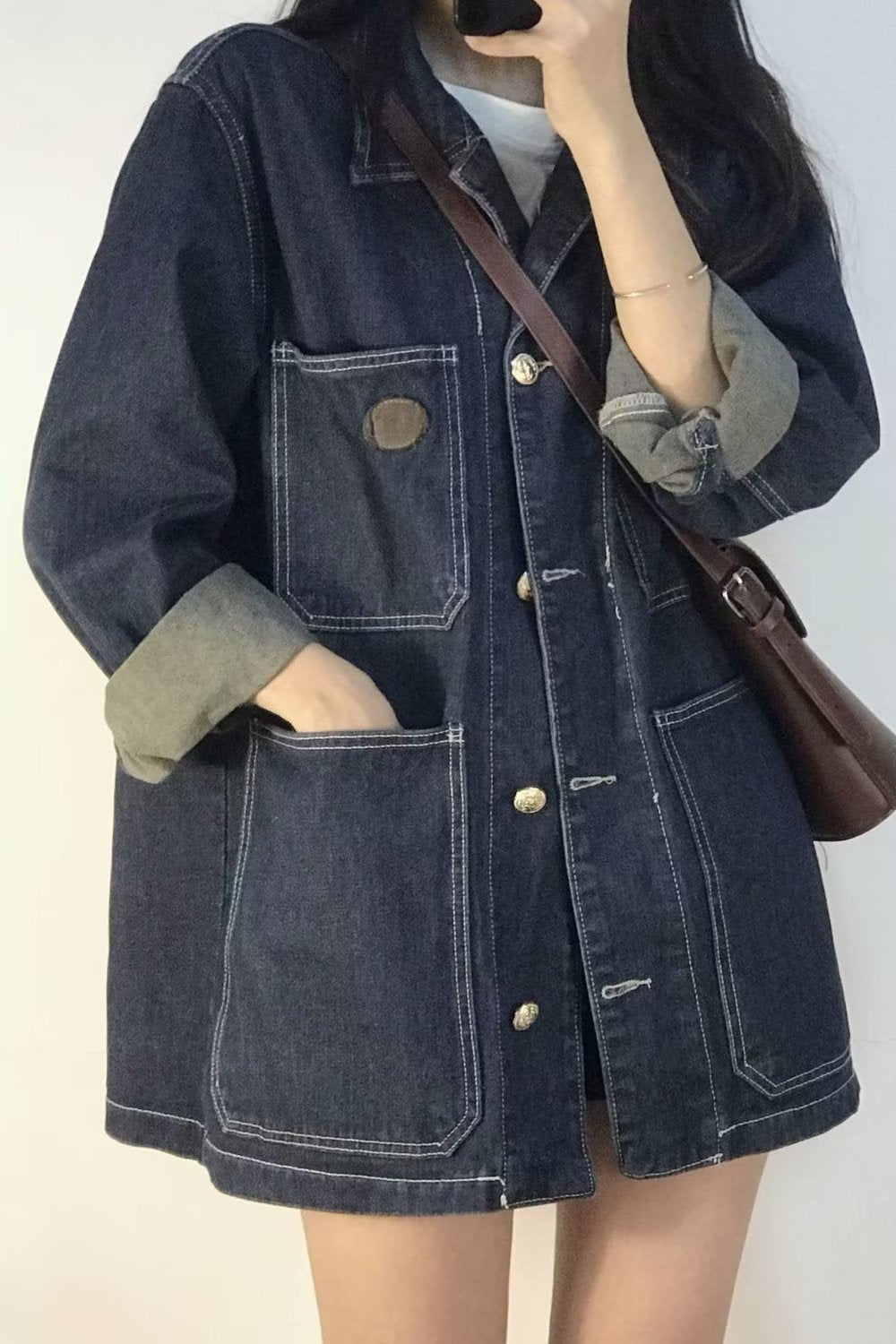 レディース シャツ トップス ジャケット 長袖 無地 ゆったり デニム 春 秋 レトロ 体型カバー 大きいサイズ 韓国風 春夏 前開き シンプル 襟付き ポケット デニムジャケット