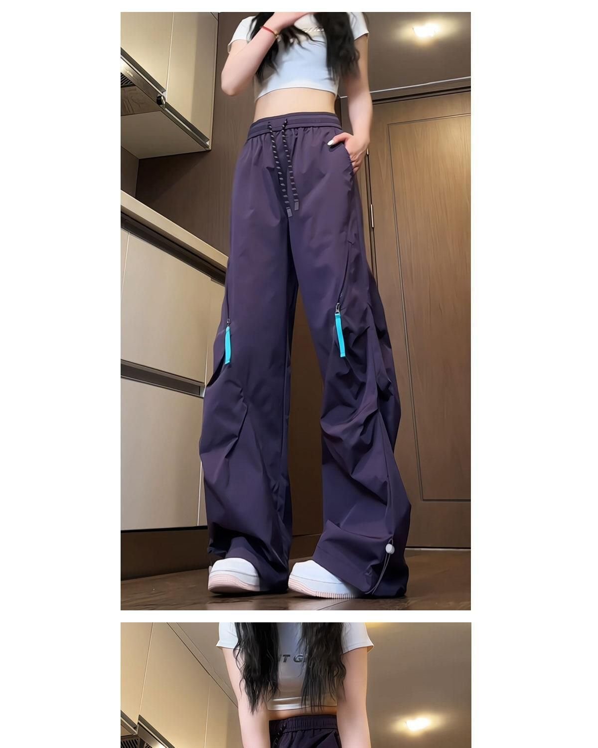 レディース パンツ 秋冬 秋 カジュアル アメリカン 冬 紫 ロング 薄手 切り替えデザイン ハイウエスト 速乾 ポリエステル