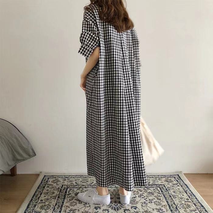 ワンピース 半袖 チェック柄 春夏 春 夏 膝下 ロング コットン アクリル