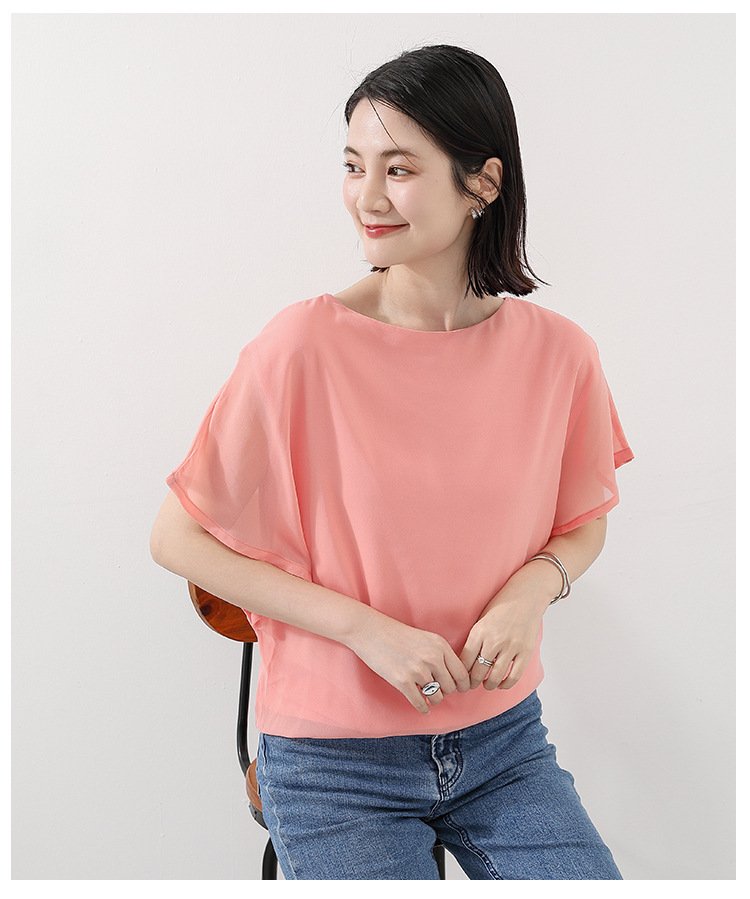 トップス Tシャツ 半袖 無地 ゆったり スリム 春夏 きれいめ 通勤 体型カバー 春 夏 ラウンドネック 上品 シフォン シャツ 薄手 丸襟 レギュラー ポリエステル