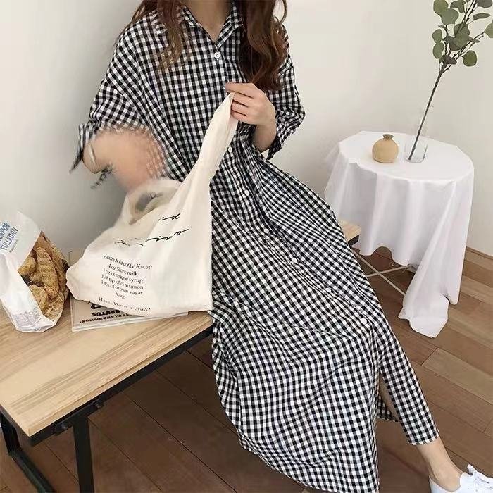 ワンピース 半袖 チェック柄 春夏 春 夏 膝下 ロング コットン アクリル