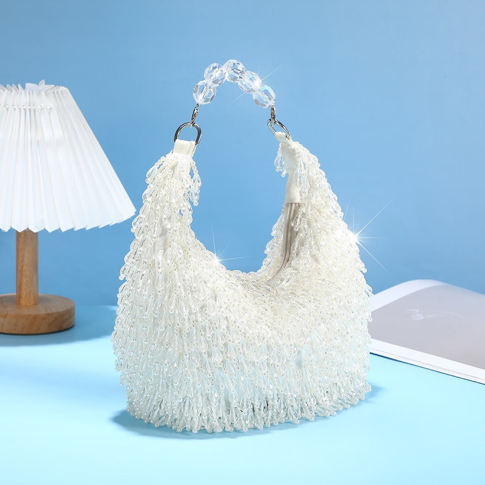 バッグ 華やか クリアビーズ パーティバッグ キラキラ ビーズ刺繍 ビーズ タッセル ビーズタッセル ハンドバッグ ミニバッグ プレゼント かわいい 大人可愛い きれいめ 上品 お洒落 キュート 主役級 存在感 フォーマル 華やか クリア フェミニン デート お出かけ パーティー イベント 女子会 休日 ショッピング カフェ 普段使い 双子 韓国 コーデ スタイル 高見え 格上げ モテ インスタ映え 春 夏 結婚式 披露宴 ホワイト オフホワイト