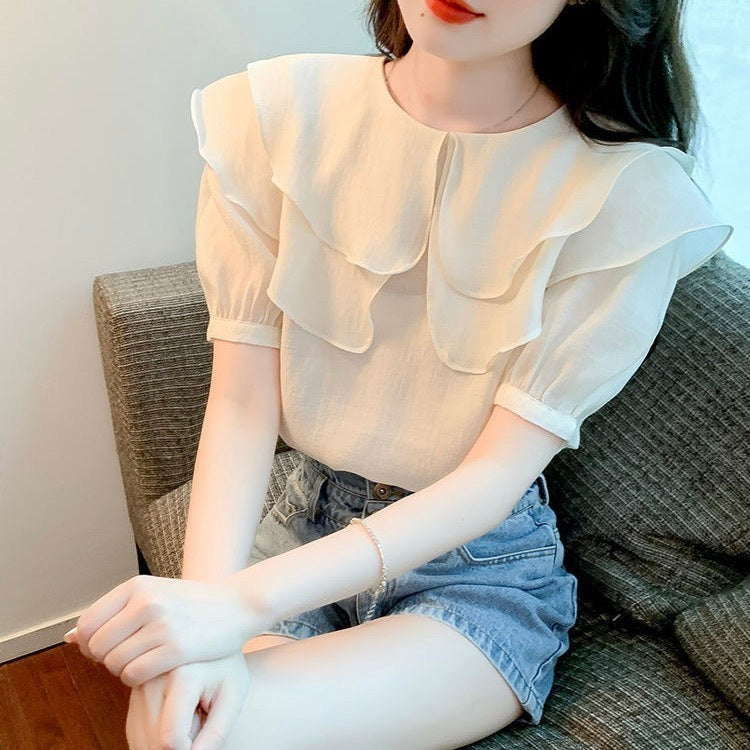 レディース トップス シャツ ブラウス 半袖 ボリューム袖 パフスリーブ フリルカラー ダブルカラー フェミニン シフォン かわいい 大人可愛い きれいめ シンプル 上品 おしゃれ ガーリー エレガント ラブリー キュート クラシカル ロマンティック 無地 春 夏 OL 通勤 デート お出かけ パーティー イベント レストラン 休日 ショッピング 普段使い 着回し 清楚 トレンド 流行 インスタ映え S M L XL 2XL 3XL 小さいサイズ 白 ホワイト オフホワイト ピンク 水色 ライトブルー