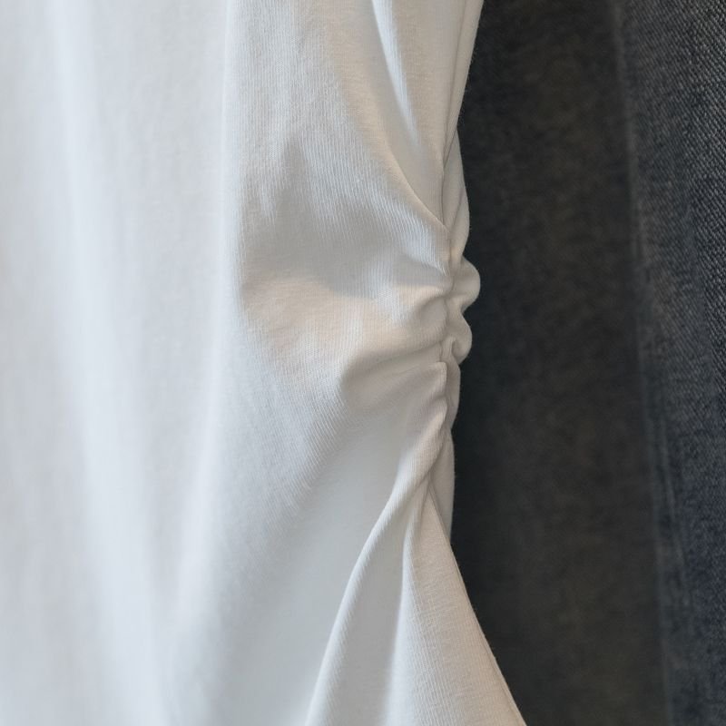 レディース トップス Tシャツ 半袖 コットン 綿 春夏 カジュアル プリーツ 春 ショート 夏 膝丈 ラウンドネック タイト レース シンプル 細身 クルーネック シャツ フレンチスリーブ タイ 着痩せ