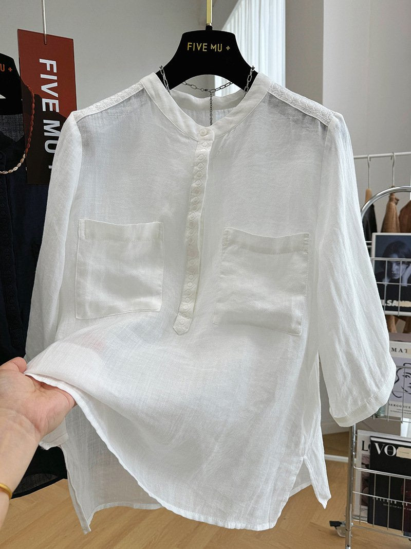 レディース ブラウス シャツ 麻 春夏 きれいめ 通勤 おしゃれ 前開き 春 夏 ラウンドネック タイト 刺繍 ハイネック 細身 薄手 プルオーバー スタンドカラー エレガント タイ 都会的 レギュラー ポリエステル 着痩せ