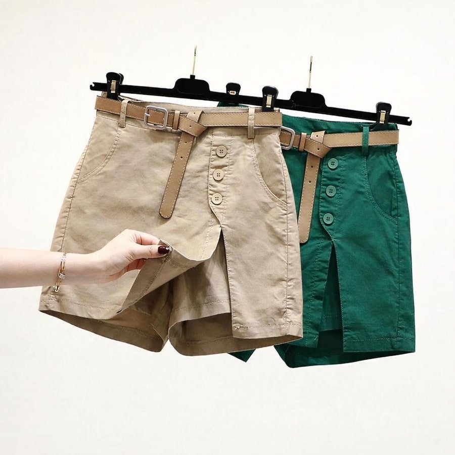 レディース パンツ スカート コットン 綿 夏 きれいめ 通勤 ショート ショートパンツ 上品 Aライン ベルト 切り替えデザイン キュロットスカート ハイウエスト ベルト付き ボタン