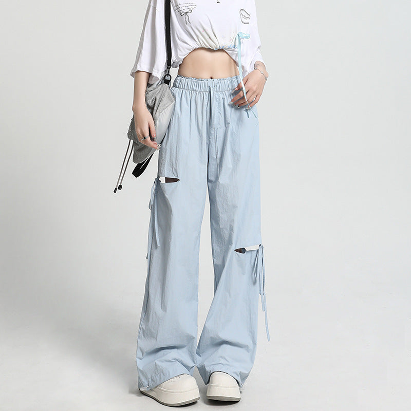 カットアウト レディース パンツ ボトムス ロングパンツ ワイドパンツ ロング ワイド ストレート フェミニン ストリート リボン ポケット ウエストゴム ドロスト アメカジ かわいい 大人可愛い シンプル カジュアル おしゃれ こなれ感 ラフ 抜け感 キュート 無地 春 夏 秋 学生 学校 通学 デート お出かけ アウトドア 旅行 公園 女子会 休日 ライブ カフェ フェス 韓国 オルチャン コーデ 楽ちん 体型カバー 普段使い 着回し インスタ映え S M L XL ブラック カーキ 水色 ネイビー