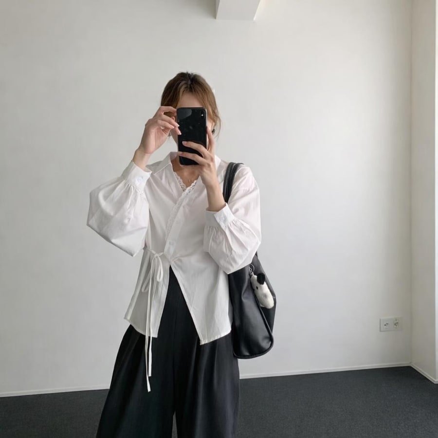 レディース シャツ 長袖 無地 春夏 韓国風 前開き 春 夏 レース シンプル 切り替えデザイン 個性的 タイ