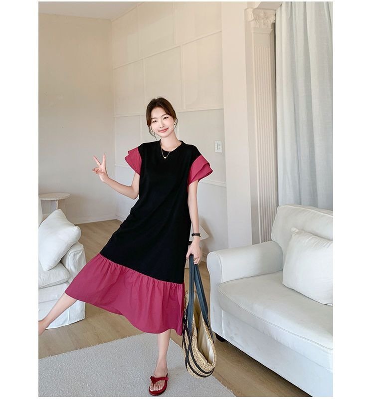 ワンピース ドレス 半袖 無地 春夏 きれいめ 通勤 春 夏 ラウンドネック シンプル ロング タイト 大きい フレア フレンチスリーブ 切り替えデザイン 細身 Aライン