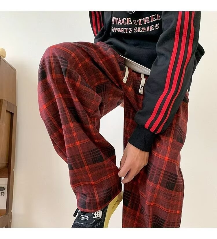 パンツ チェック柄 ワイド 春 秋冬 カジュアル 秋 冬 ストレート ヴィンテージ ポリエステル