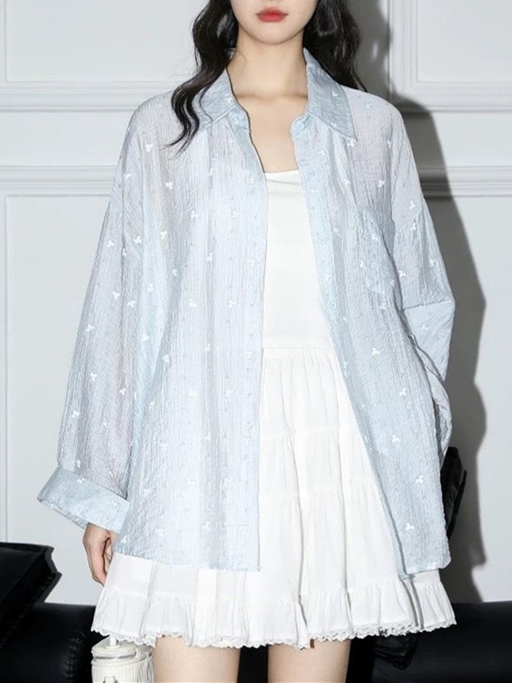 レディース シャツ カーディガン ジャケット 長袖 ゆったり 春夏 カジュアル 前開き 春 夏 薄手 ブルー ポリエステル
