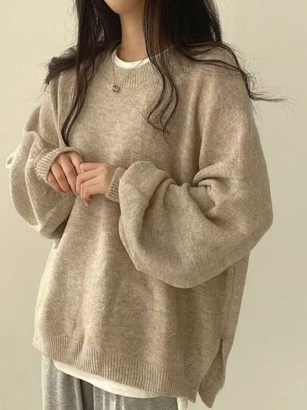 跨境外贸亚马逊TK欧美秋冬新款圆领侧开叉宽松灯笼袖女装针织毛衣