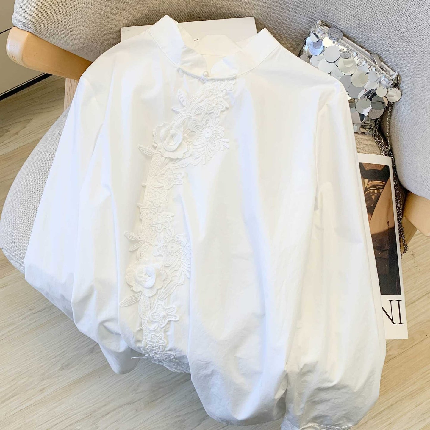 レディース シャツ 長袖 無地 春夏 きれいめ おしゃれ 前開き 春 夏 秋 レース シンプル 刺繍 ハイネック 上品 切り替えデザイン スタンドカラー チャイナ レギュラー ボタン ポリエステル