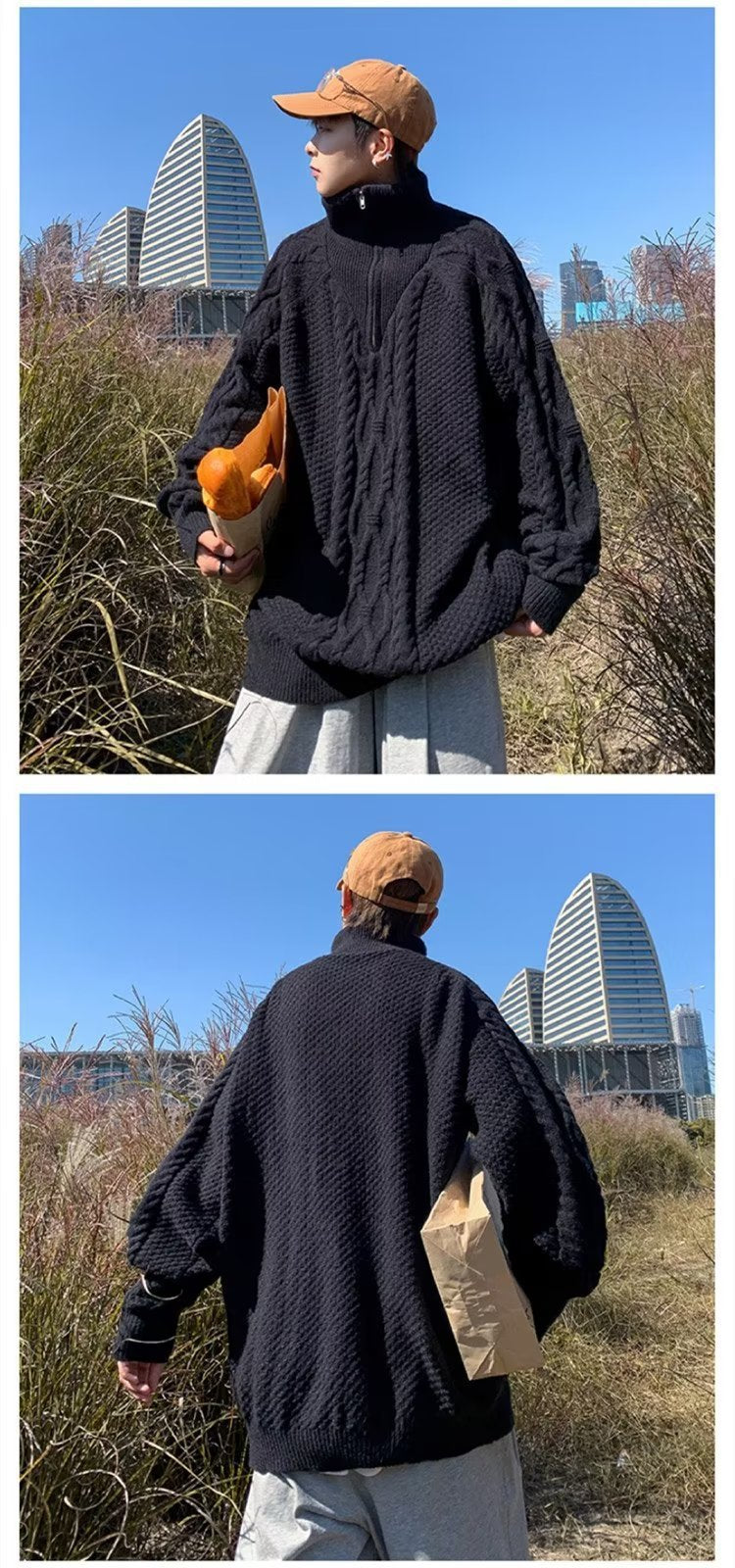 ニット ジャケット 長袖 ゆったり コットン 綿 麻 冬 体型カバー タートルネック セーター ハーフ ヴィンテージ