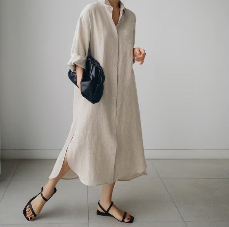 ドレス 長袖 無地 春夏 カジュアル きれいめ 春 夏 膝上 シンプル 秋 ミモレ ロング 上品 スリット ハイウエスト シック