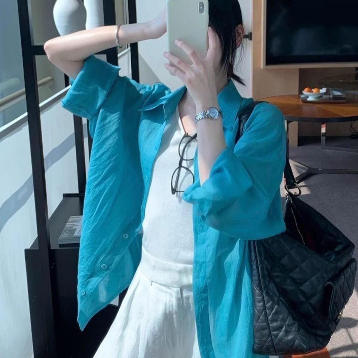 シャツ ジャケット 長袖 無地 ゆったり 春夏 カジュアル 前開き 春 夏 シンプル 薄手 襟付き ブルー レギュラー ボタン ポリエステル UVカット