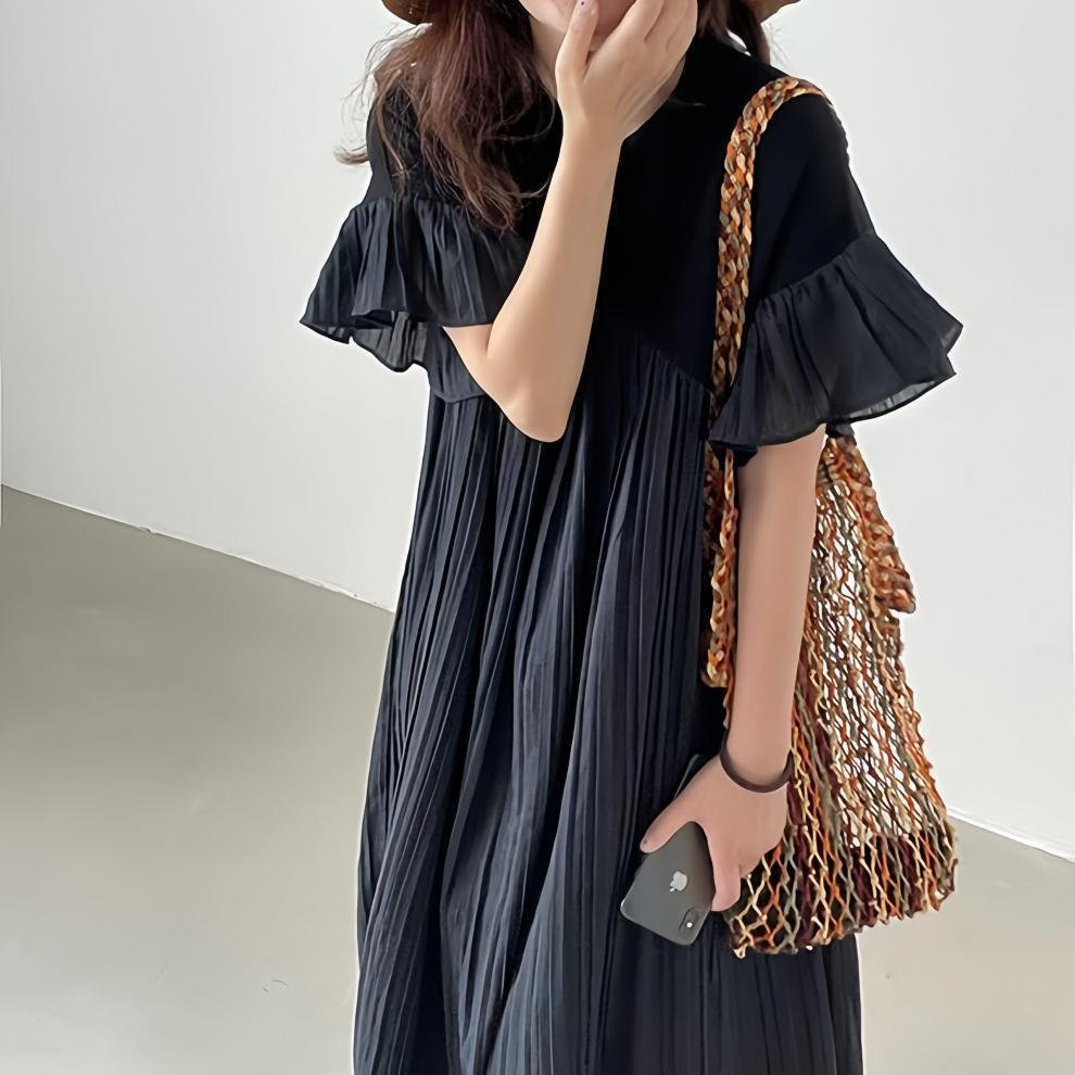 ワンピース 長袖 無地 夏 秋 春夏 プリーツ 韓国ファッション ラウンドネック シンプル リゾート 冬 ロング フリル