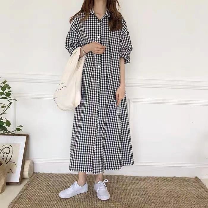 ワンピース 半袖 チェック柄 春夏 春 夏 膝下 ロング コットン アクリル