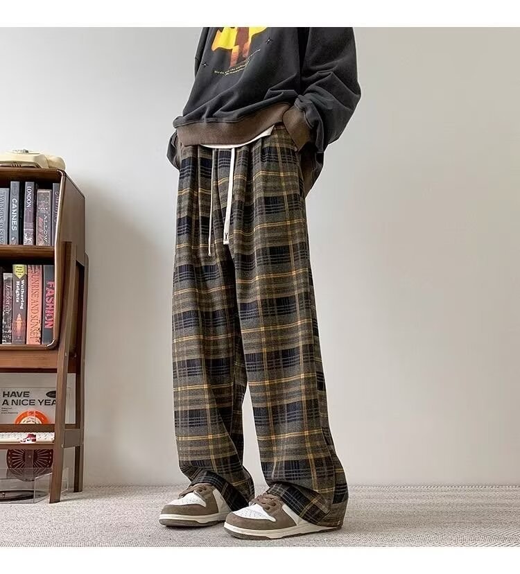 パンツ チェック柄 ワイド 春 秋冬 カジュアル 秋 冬 ストレート ヴィンテージ ポリエステル