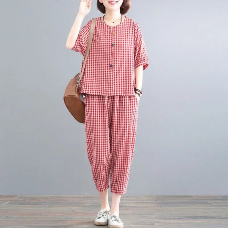 レディース パンツ チェック柄 コットン 綿 春夏 カジュアル レトロ 大きいサイズ ボトムス 春 夏 ブラック ミモレ パフスリーブ 9分丈 レッド スーツ ポリエステル