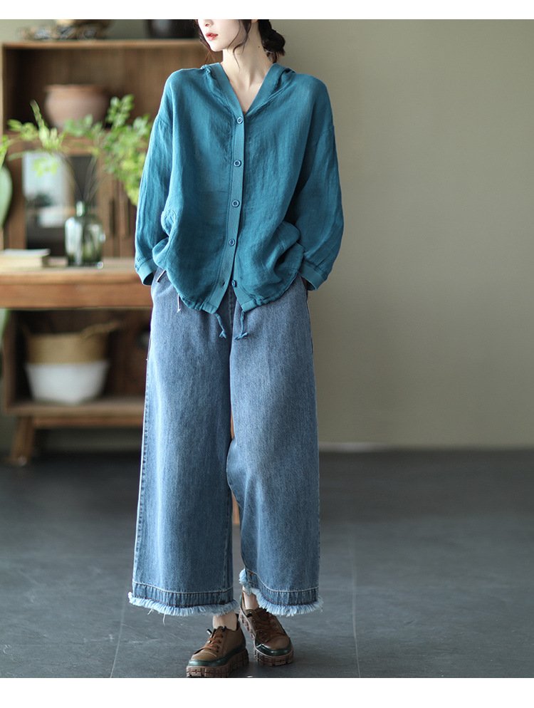 シャツ ジャケット 長袖 ゆったり コットン 綿 リネン 夏 レトロ 体型カバー 春夏 前開き 上品 フード