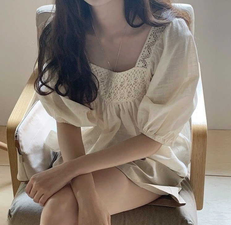レディース シャツ トップス 半袖 無地 ゆったり 春夏 体型カバー 前開き ミニ 春 夏 スクエアネック レース シンプル 切り替えデザイン プルオーバー フェミニン レギュラー ポリエステル