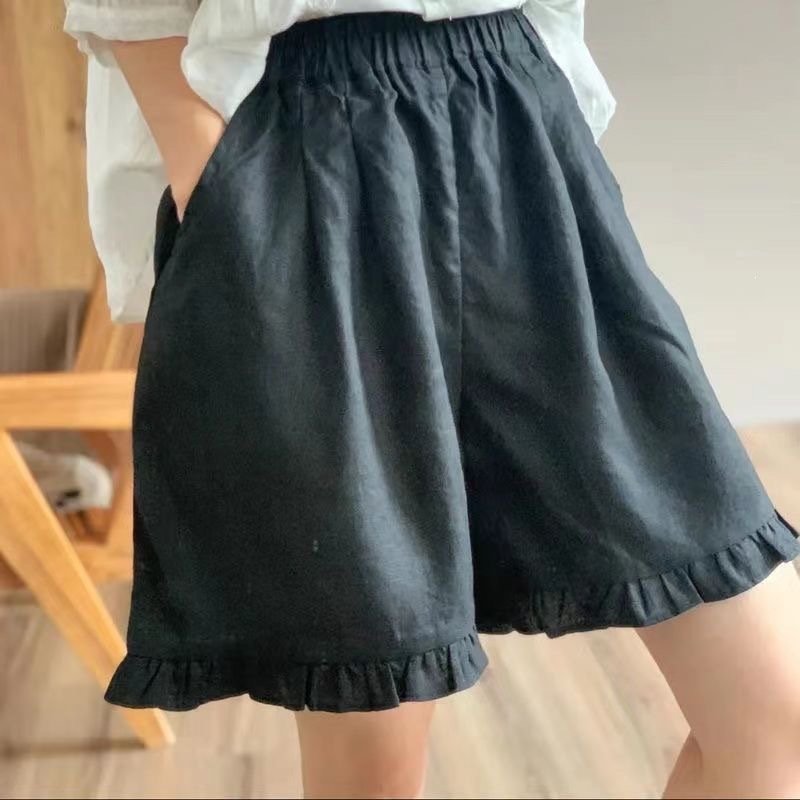 レディース パンツ 無地 ワイド コットン 綿 麻 春夏 カジュアル レトロ 春 ショート 夏 ショートパンツ シンプル フリル リボン ワイドパンツ 切り替えデザイン ポリエステル