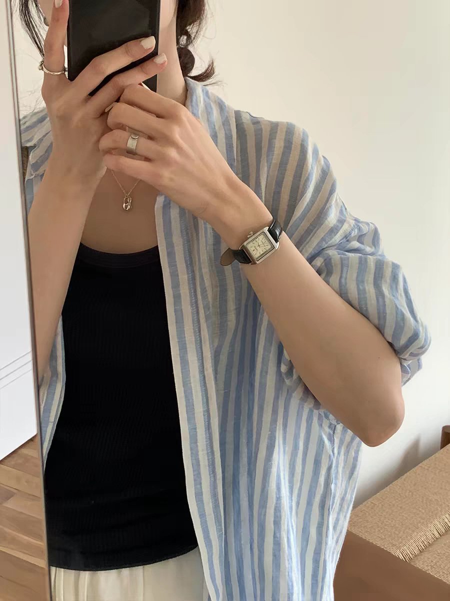レディース シャツ トップス 長袖 ボーダー ストライプ チェック柄 ゆったり コットン 綿 リネン 夏 秋冬 きれいめ 通勤 着回し 体型カバー 韓国風 春夏 前開き 秋 冬 上品 ロング 薄手 襟付き ボタン