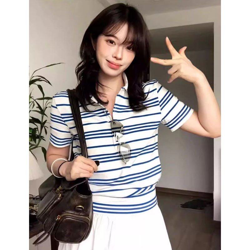 シャツ トップス Tシャツ 半袖 ボーダー ストライプ コットン 綿 春夏 前開き ミニ 春 白 ショート 夏 フェミニン レギュラー