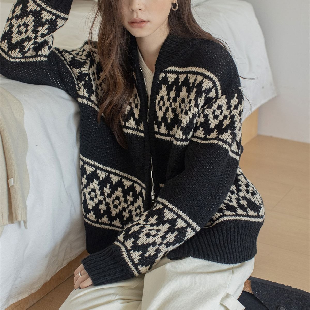 ニット カーディガン 長袖 ゆったり 秋冬 秋 レトロ 体型カバー 膝丈 冬 ハイネック スタンドカラー バイカラー ポリエステル 立ち襟