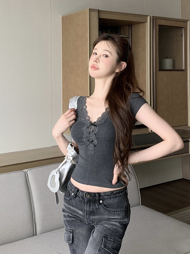 レディース トップス Tシャツ 半袖 スリム 夏 きれいめ 通勤 春夏 Vネック ショート レース グレー シャツ 切り替えデザイン 蝶