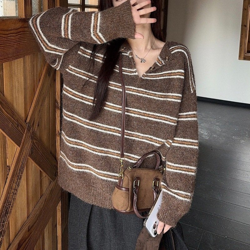 レディース ニット 長袖 ボーダー ストライプ チェック柄 ゆったり 秋冬 秋 ミニ 膝丈 冬 セーター ゆる プルオーバー 襟付き バイカラー フェミニン タイ ポリエステル