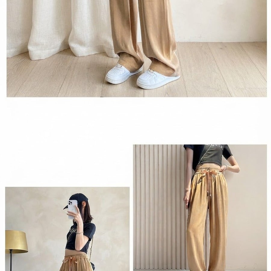 レディース パンツ 無地 ワイド 夏 秋冬 カジュアル 秋 シンプル 冬 ロング ストレート 薄手 カーキ ドレープ サテン ハイウエスト ポリエステル
